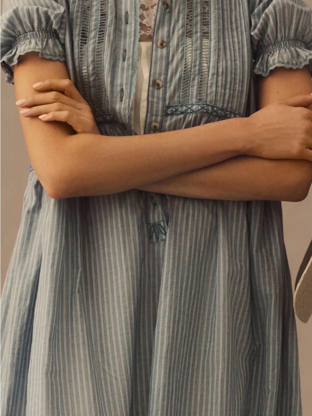 Pilcro Light Blue and White Striped Flowy Puff Sleeve Shirt Dress